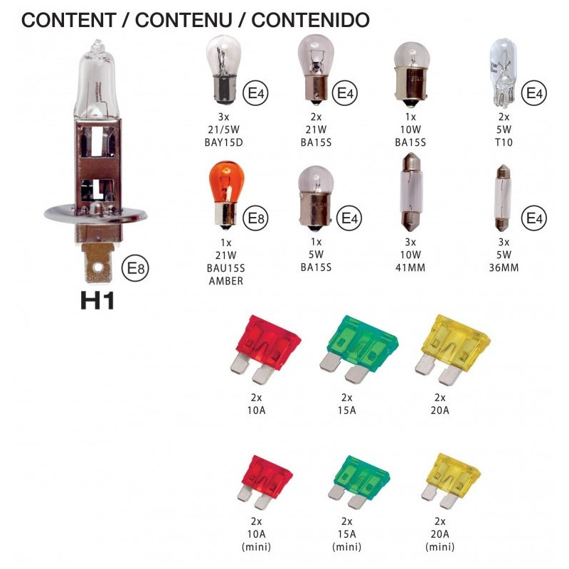 COFFRET D'AMPOULES DE REMPLACEMENT H1 + 18 AMPOULES + 12 FUSIBLES